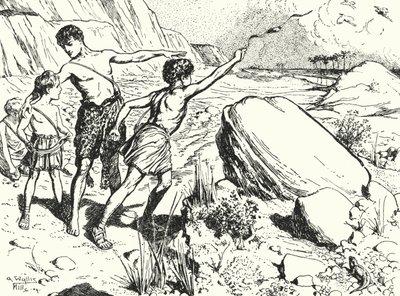 Hannibal a jeho bratři se učí házet kameny prakem od Alfred Wallis Mills