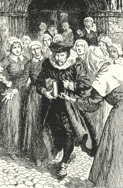 Skotský kněz William Annand odsouzený ženami z Edinburghu za kázání z nové modlitební knihy v katedrále St Giles, 1637 od Alfred Wallis Mills