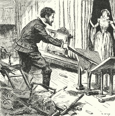 Manželka francouzského hrnčíře Bernarda Palissyho zděšeně přihlíží, jak rozbíjí jejich nábytek, aby ho použil jako palivo pro své pece od Alfred Wallis Mills
