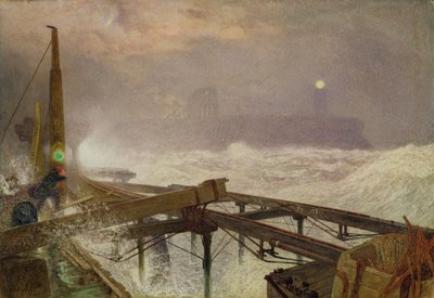 Blue Lights, Teignmouth Pier - Lighting the Lamps at Sunset, 1868 (wc, barva karoserie a škrábání na papíře) od Alfred William Hunt