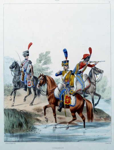 Napoleonská armáda: Husaři. Rytina Alfreda De Marbota (19. století) 1806. Malmaison, Musee Du Chateau. od Alfred de (after) Marbot