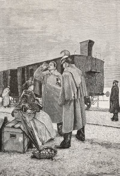 Five Minutes Stop, dva muži stojící u vlaku přestávají pít a jíst, rytina z obrazu Alfreda Luxoro (1859-1918), z L