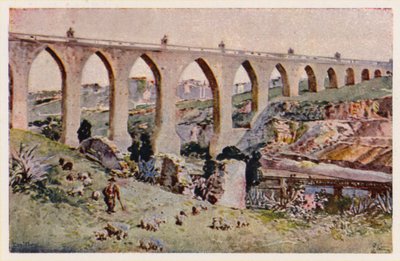 Akvadukt Aques Livres, Lisabon (barevná litografie) od Alfredo Roque Gameiro