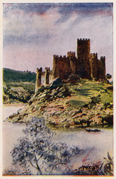 Hrad Almourol, Portugalsko (barevná litografie) od Alfredo Roque Gameiro