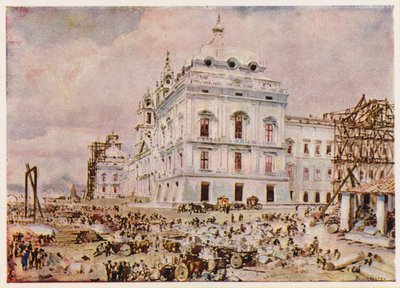 Stavba paláce a kláštera v Mafře, Portugalsko (barevná litografie) od Alfredo Roque Gameiro