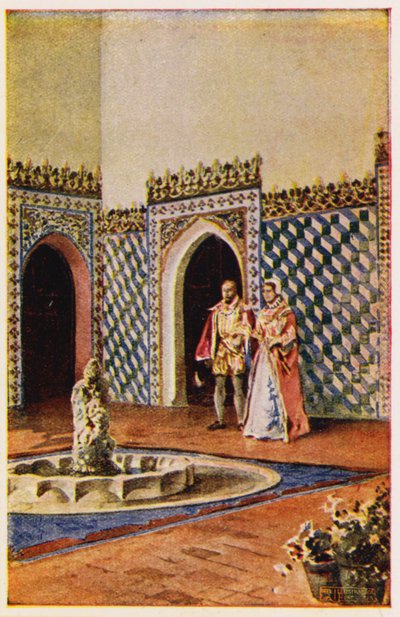 Maurská architektura v paláci v Sintře, Portugalsko (barevná litografie) od Alfredo Roque Gameiro