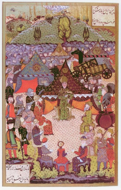 Uherský král Lajos II. (1506-26) na poradě před bitvou u Moháče v roce 1526, 1558 (tuš a zlatý list na pergamenu) od Ali Amir Beg