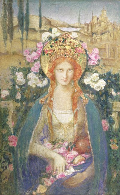 Svatá Alžběta Uherská, 1916 (tempera na papíře položená na desce s plátkovým zlatem vykládaným polodrahokamy na diadémovém reliéfu) od Alice Macallan Swan