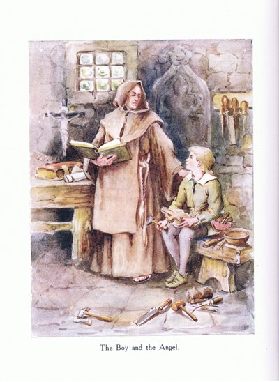 Chlapec a anděl, ilustrace z „Básně pro mladé: Robert Browning“, kolem roku 1920 (barevné lito) od Alice Ross