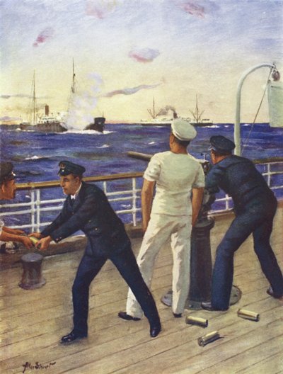 Praporčík Reginald Himbury asistuje střelcům klanu McTavish v boji s německým nájezdníkem Moewe od Allan (after) Stewart