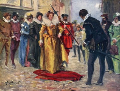 Raleigh si svlékl svůj gay plášť a položil ho přes Miry Patch (barva litho) od Allan (after) Stewart