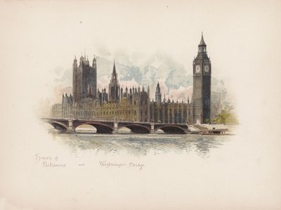 Známý Londýn: Houses of Parliament a Westminster Bridge (barevná litografie) od Allan F. Barraud