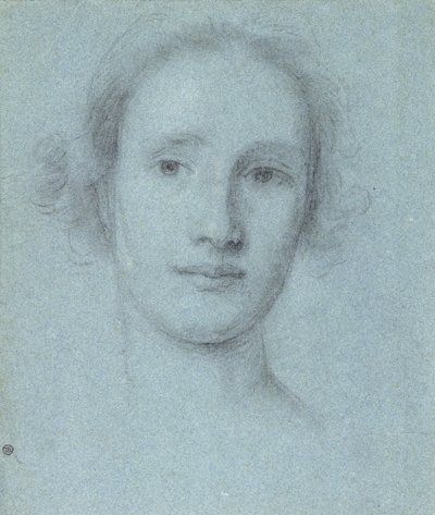 Hlava dívky (černá a bílá křída na modrém položeném papíře) od Allan Ramsay