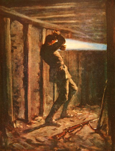 Jazyk modrého plamene vystřelující z nepřátelské strany minové štoly a těžce hořící Private Bytheway (barevná lito) od Allan Stewart