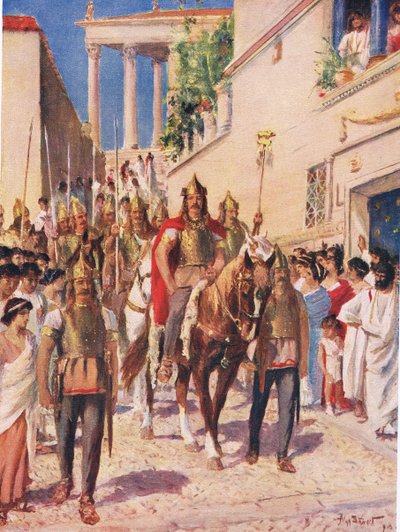 Alaric Goth vstupující do Athén v roce 395, ilustrace z „Hutchinsonových dějin národů“ od Allan Stewart