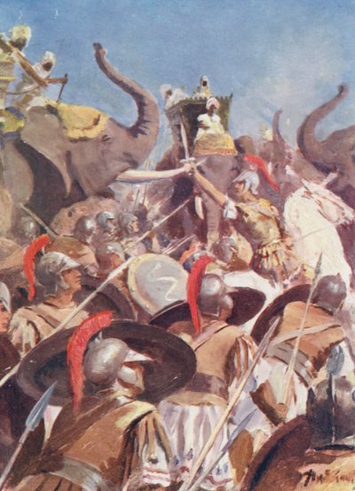 Alexandrova bitva s Porem na řece Jhelum (barevná litografie) od Allan Stewart