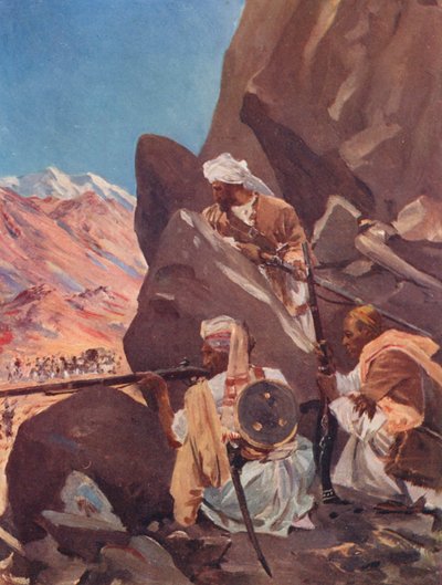 Odstřelování britských jednotek horskými kmeny na severozápadní hranici (barevná litografie) od Allan Stewart