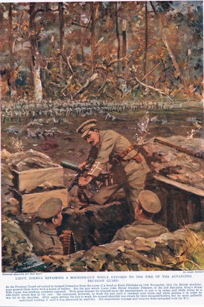 Poručík Dimmer opravuje kulomet, zatímco je vystaven palbě postupující pruské gardy, ilustrace z 