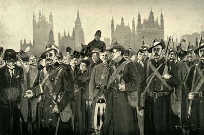 „Londýnská odpověď – dobrovolníci City Imperial Crossing Westminster Bridge“, 1900. od Allan Stewart