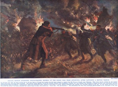 Vojín Meston útočí jednou rukou na několik nepřátel, kteří postupovali poté, co dobyli britský příkop, ilustrace z 