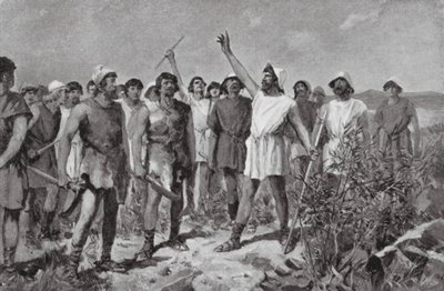 Vzpoura helótů ve Spartě, 464 př. n. l. (litografie) od Allan Stewart