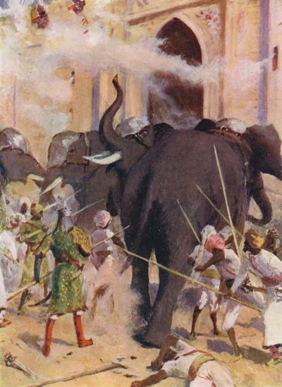 Váleční sloni útočí na bránu pevnosti v Arcotu (barevná litografie) od Allan Stewart