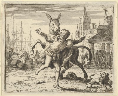 Osel, žárlivý na pozornost, kterou pes dostává od svého pána, vypadá, že je napodobuje ..., 1650-75. od Allart van Everdingen