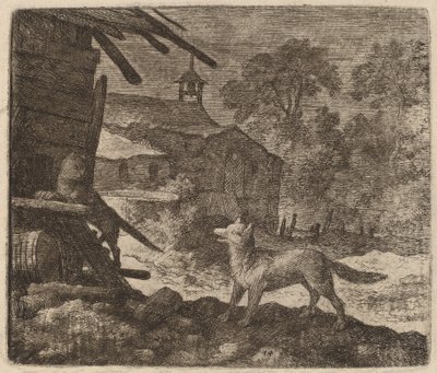 Kočka vstoupí do stodoly, jak se Reynard dívá, pravděpodobně c. 16451656. od Allart van Everdingen