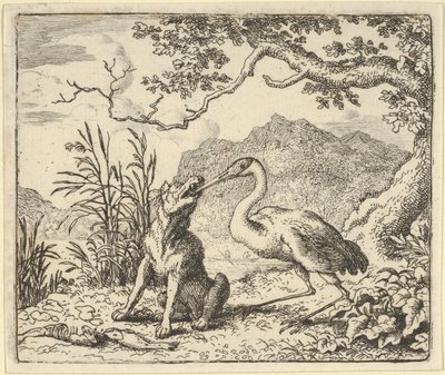 Čáp odstraňuje kost z vlčího hrdla z Renarda The F... od Hendricka van Alcmara, 1650-75. od Allart van Everdingen