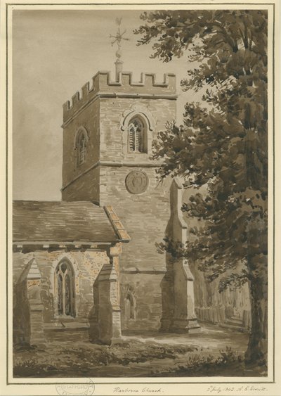 Harborne Church: červená sépiová kresba, 2. července 1842 od Allen Edward Everitt