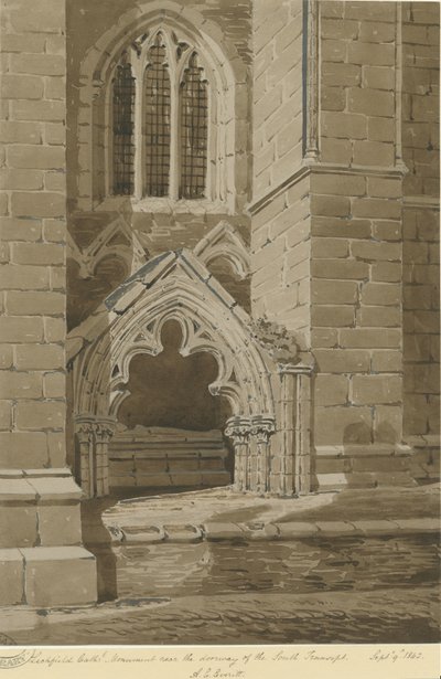 Katedrála Lichfield - Jižní transept: červená sépiová kresba, 9. září 1842 od Allen Edward Everitt