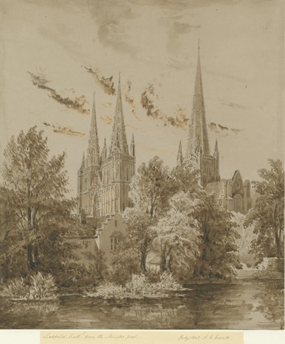 Lichfieldská katedrála - pohled na jihozápad: sépiová kresba, červenec 1842 od Allen Edward Everitt