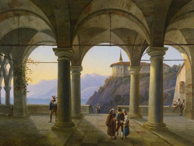 Sloupová terasa s figurálním štábem a výhledem na horské jezero od Alois Gustav Schulz
