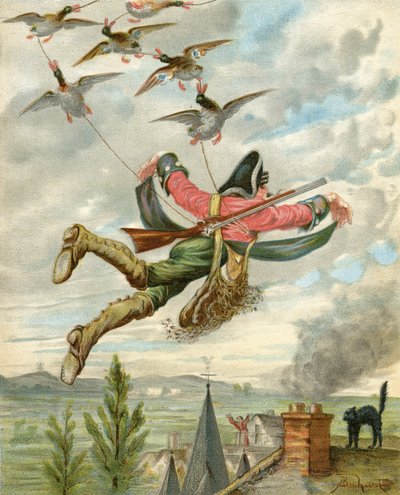 Zvednutý ze země kachnami, z „Dobrodružství barona Munchausena“ od Rudolfa Ericha Raspeho (1736-94), vydaného kolem roku 1886 (barevně lito) od Alphonse Adolphe Bichard