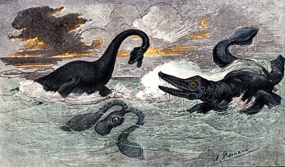 Období Lias (spodní jura): Plesiosaur a Ichthyosaur, přírodní výtvor a živé bytosti (od Jules Renegade) Kresba A. Demarle. 1885 od Alphonse Demarle