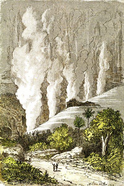 Prehistorie- Katarakta ze Zambeze: Přírodní stvoření a živé bytosti. Kresba A. Demarle. 1885 od Alphonse Demarle