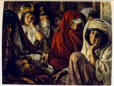 Dinetova ilustrace z knihy "Mirages" Scény z arabského života. 1906. Knihu Mirages, Scenes De La Vie Arab ilustroval Etienne Dinet s komentářem Silmana Ben Ibrahima Bamera. Nasreddine Dinet se narodil jako Alphonse-Etienne Dinet; (1861-1929) byl fren od Alphonse Etienne Dinet