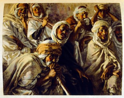 Dinetova ilustrace z knihy "Mirages" Scény z arabského života. 1906. Knihu Mirages, Scenes De La Vie Arab ilustroval Etienne Dinet s komentářem Silmana Ben Ibrahima Bamera. Nasreddine Dinet se narodil jako Alphonse-Etienne Dinet; (1861-1929) byl fren od Alphonse Etienne Dinet