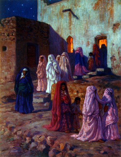 Ilustrace zobrazující muslimské arabské ženy oslavující „Mawlid“ (Narození proroka). oslava narozenin islámského proroka Mohameda. Autor: Nasreddine Dinet (Alphonse-Étienne Dinet). 1861 1929. francouzský orientalistický malíř. 1918. od Alphonse Etienne Dinet