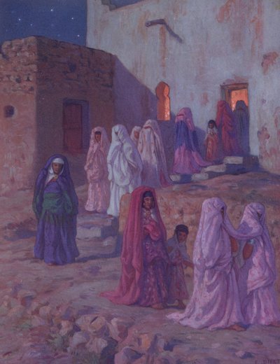 Muslimové opouštějící vesnickou mešitu v předvečer svátku Mouled, ilustrace z historie života proroka Mohameda, vydané v Paříži v roce 1918. od Alphonse Etienne Dinet
