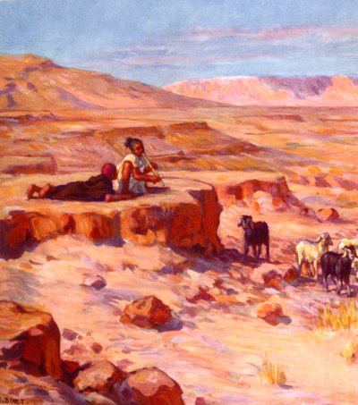 dvě děti arabských nomádů hrajících na flétnu při sledování koz v poušti. od Nasreddine Dinet (Alphonse-Étienne Dinet). 1861 1929. Francouzský orientalistický malíř 1918 od Alphonse Etienne Dinet