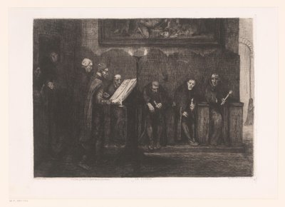 Osm mužů kolem řečnického pultu Le lutrin (název na objektu) od Alphonse Legros