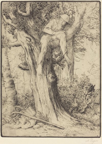 Krajina s chlapcem na stromě od Alphonse Legros