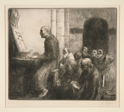 Mnich hrající na varhany v kostele od Alphonse Legros