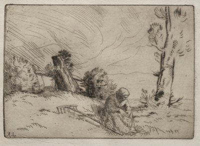 Rolnická žena sedící poblíž živého plotu od Alphonse Legros