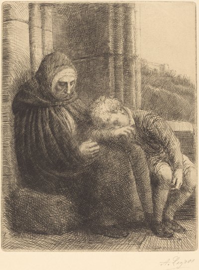 Žena sedící u zdi, dítě s hlavou v klíně Femme assise, muraille.... od Alphonse Legros