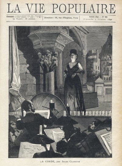 Zpěvák na pódiu stojí tváří v tvář orchestru v jámě, hudebníkům a dirigentovi v plném výkonu. Ilustrace Alfons Maria Mucha (Alphonse Marie Mucha od Alphonse Mucha