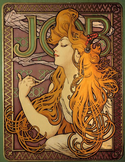 Reklama na značku papírů cigaretu „Job“, Litografie Alphonse Muchy (1860-1939), československý ilustrátor od Alphonse Mucha
