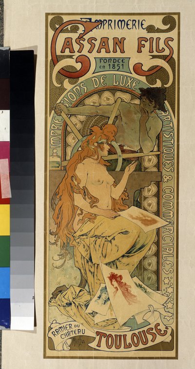 Reklamní plakát pro tiskárnu "Cassan Fils, luxusní, umělecký a komerční tisk"" v Toulouse. Plakát Alfonse Marie Muchy (Alphonse Marie Mucha od Alphonse Marie Mucha