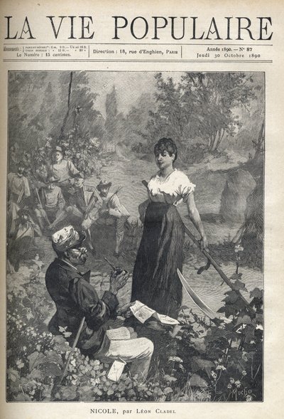Starý muž čte dopis krásnému mladému rolníkovi, který drží falešný (žnec). V dálce scénu sledují lovci. Ilustrace Alfons Maria Mucha (Alphonse Marie Mucha od Alphonse Mucha
